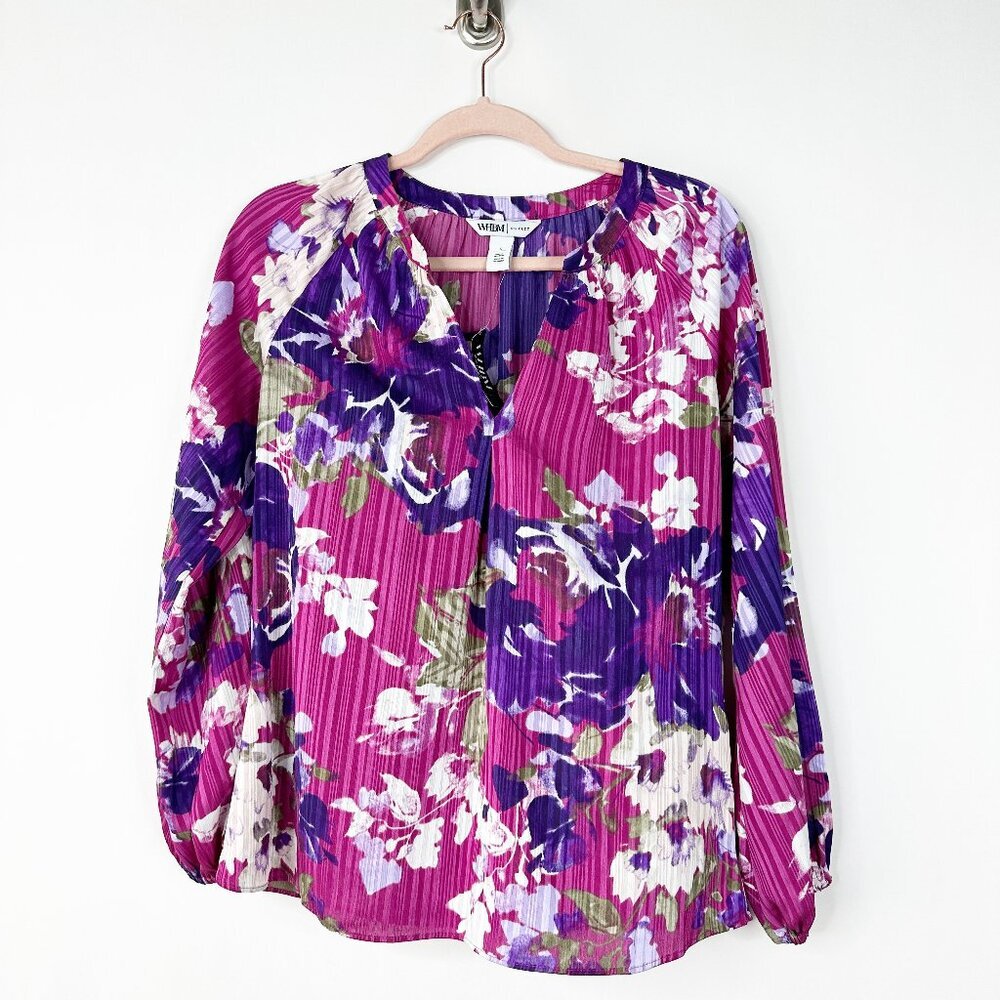 NWT White House Black Market Long Sleeve Crinkle Top Floral Bunches Baie L - Picture 2 of 8